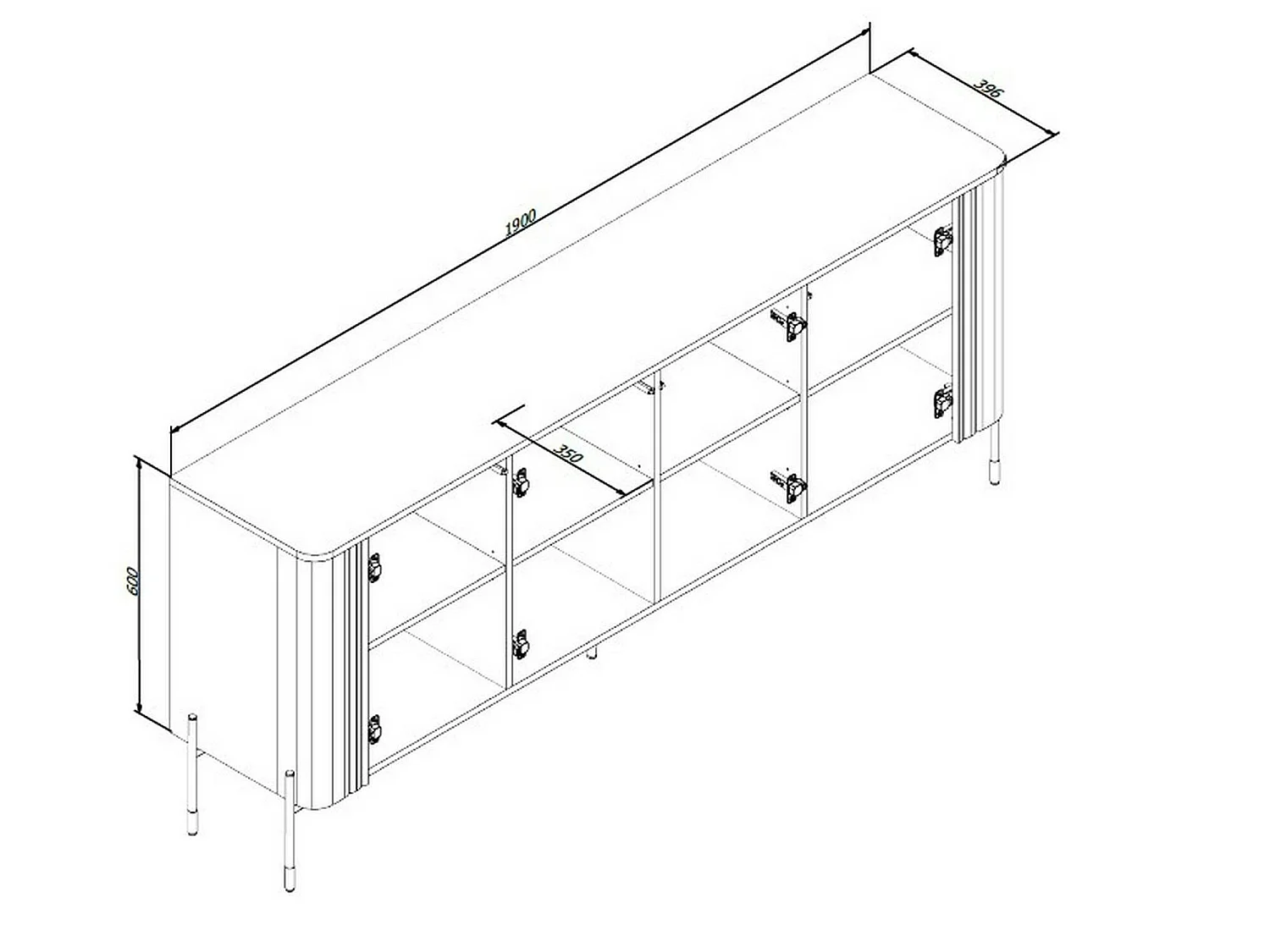 Dressoir Laion, 4 planken, 190x40x80h cm beige, buffetkast, 4 deuren, 8 vakken