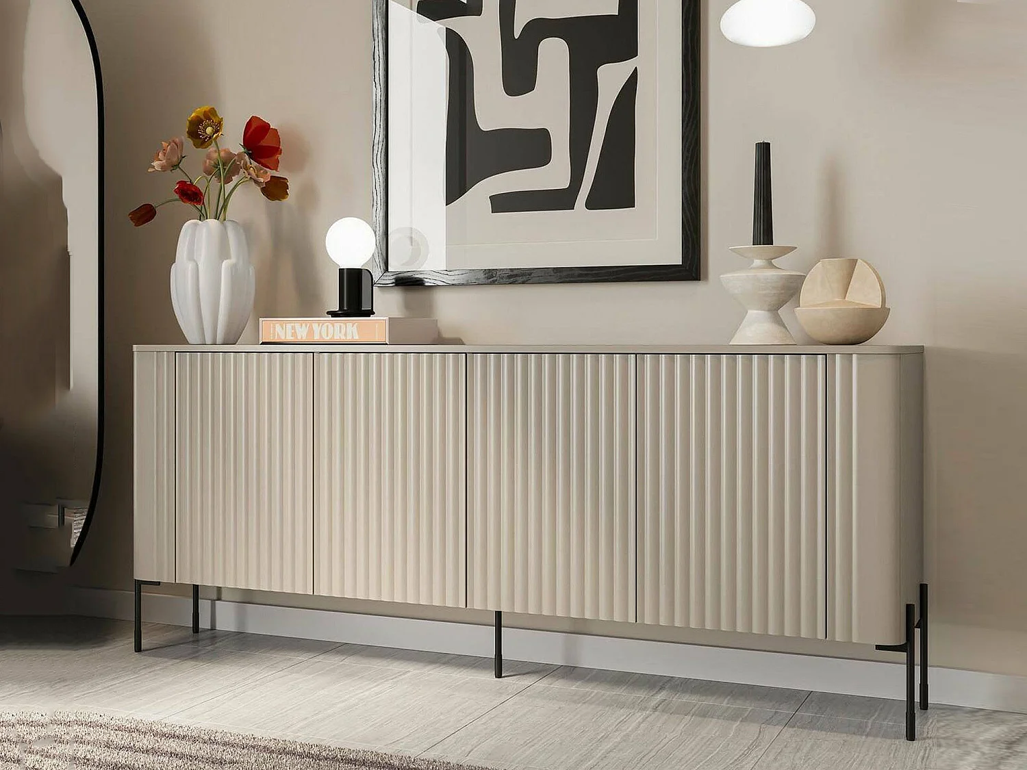 Dressoir Laion, 4 planken, 190x40x80h cm beige, buffetkast, 4 deuren, 8 vakken