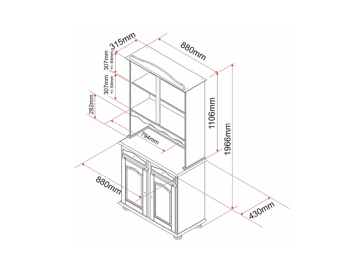 Dressoir Vierkanten, 2 lades, 88x43x198h cm wit, buffetkast, 2 legplanken, draaideuren, schuivend