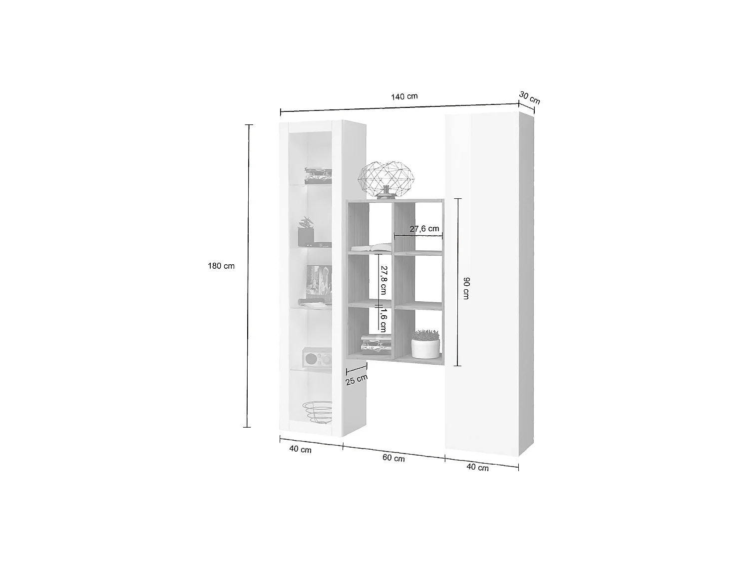 Buffet Gastone, 8 Étagères Made in Italy, 30x40x180h cm Blanc Érable, Bahut