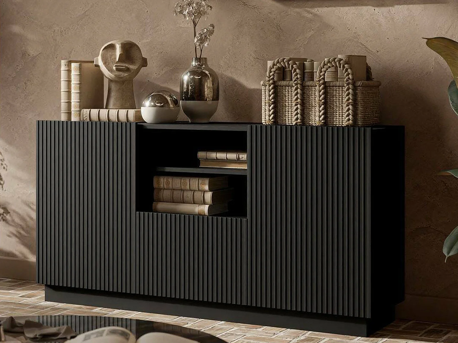 Kommode Ermesinde, 4 Regale, 40x150x78h cm Schwarz, Anrichte
