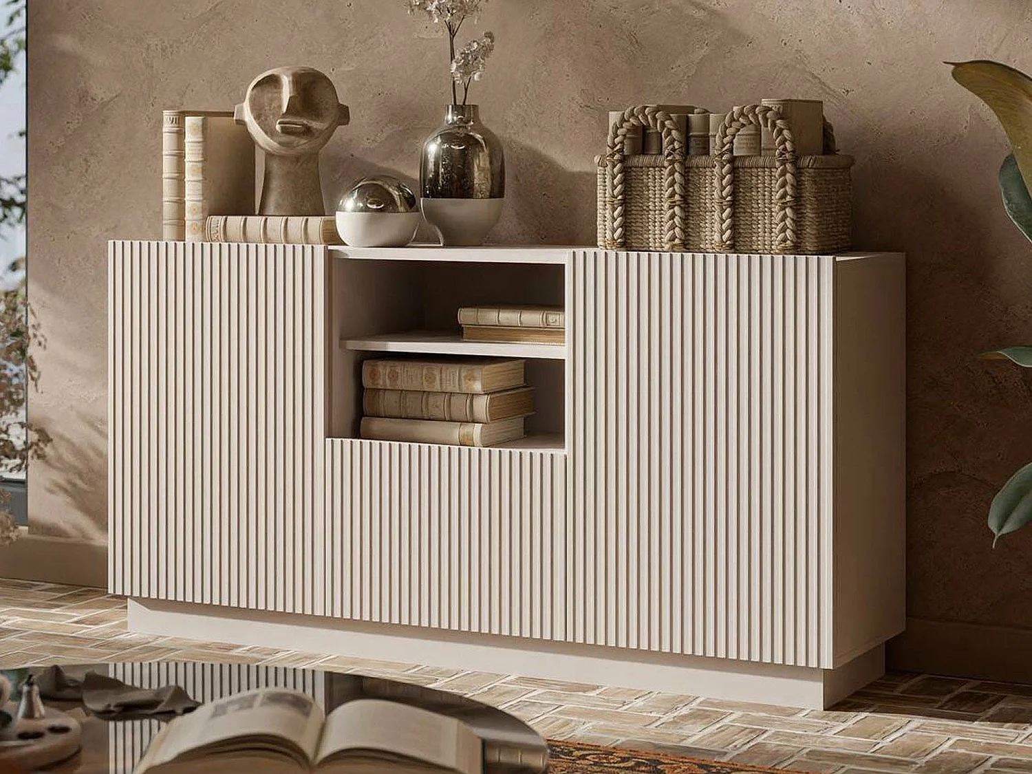 Aparador Serchio, 4 estantes, 150x40x78h cm Beige, bufé, 1 cajón, 2 puertas