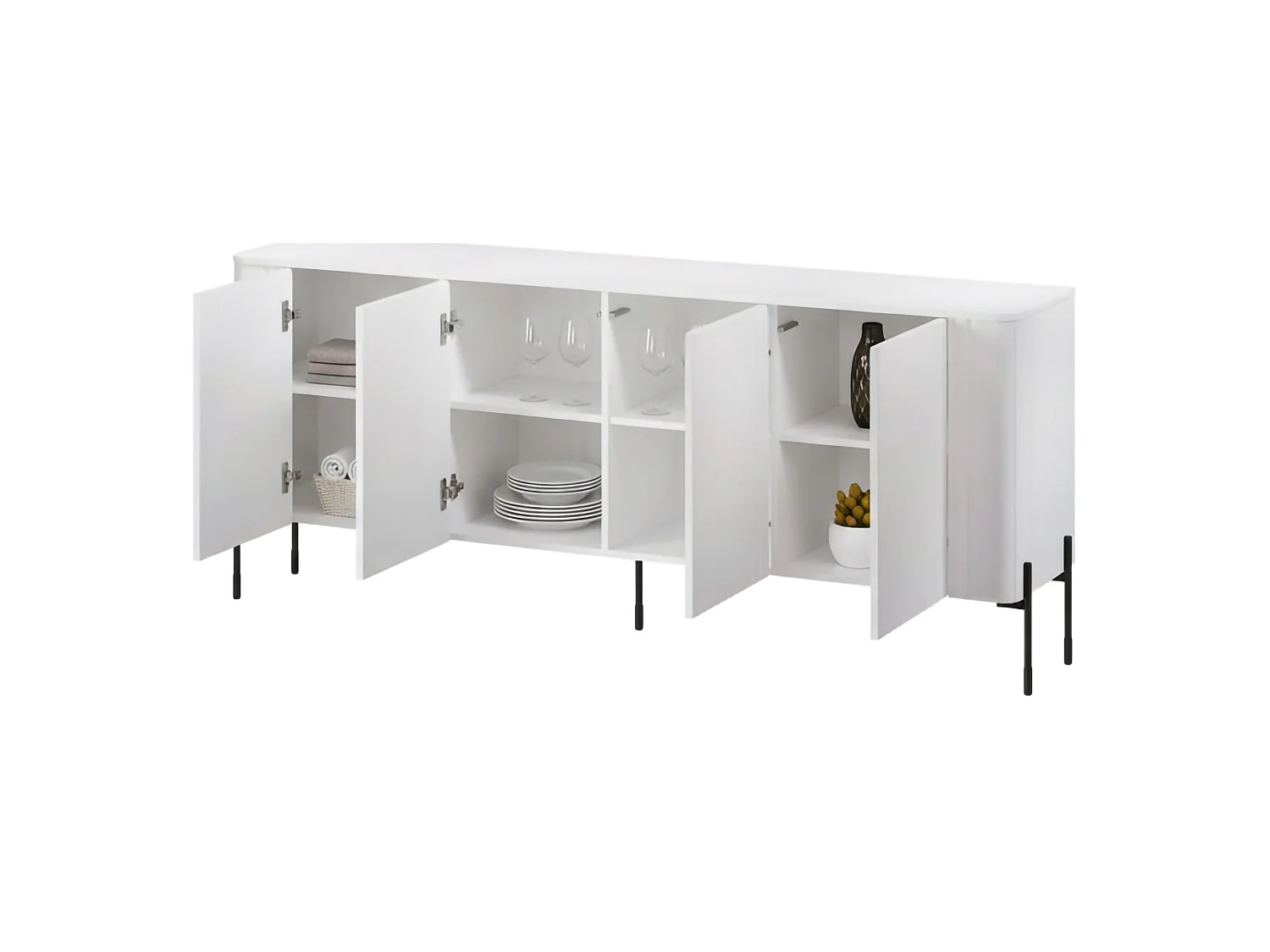 Dressoir Laion, 4 legplanken, 190x40x80h cm wit, buffetkast, 4 deuren, 8 vakken