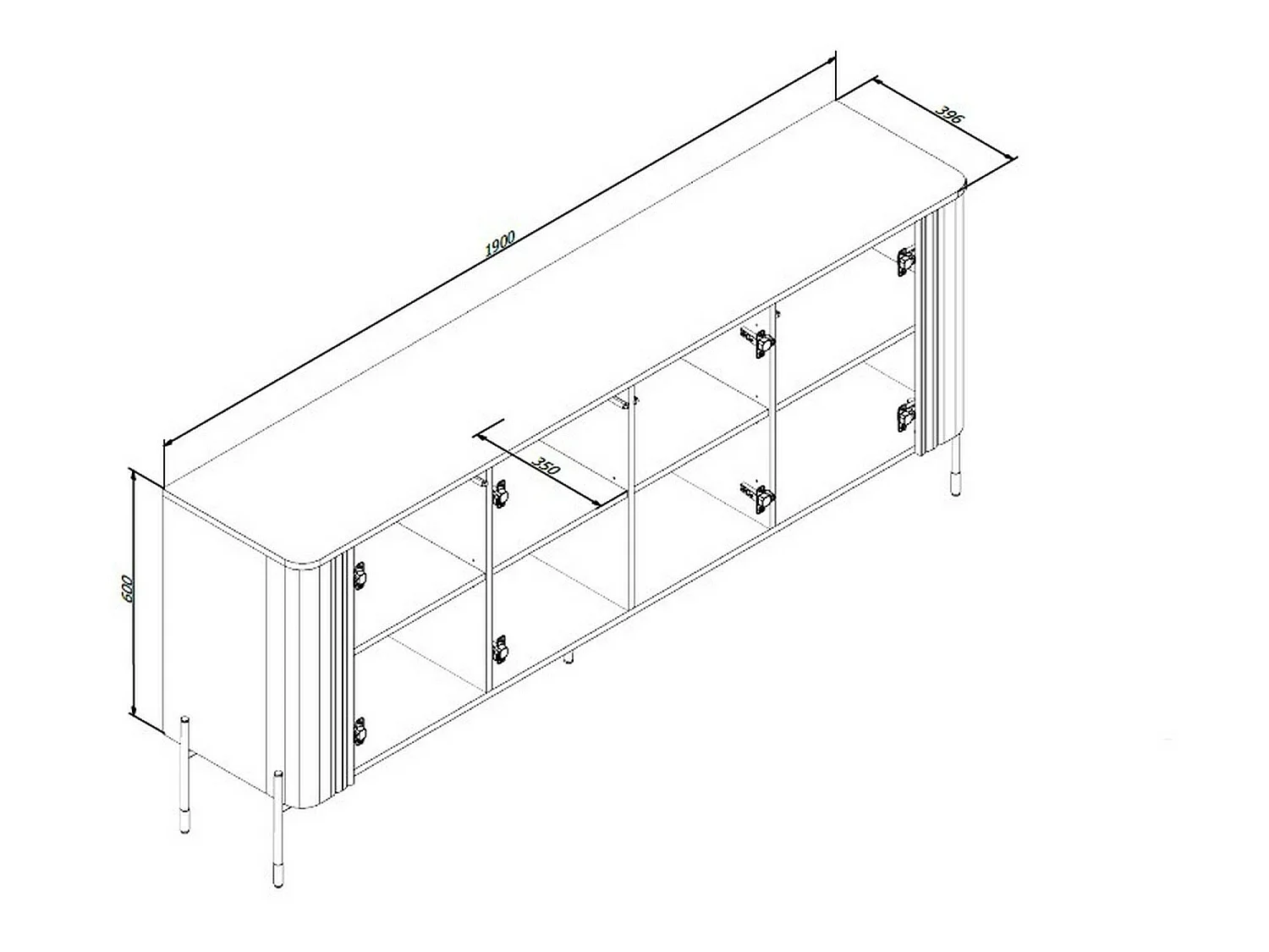 Dressoir Laion, 4 legplanken, 190x40x80h cm wit, buffetkast, 4 deuren, 8 vakken