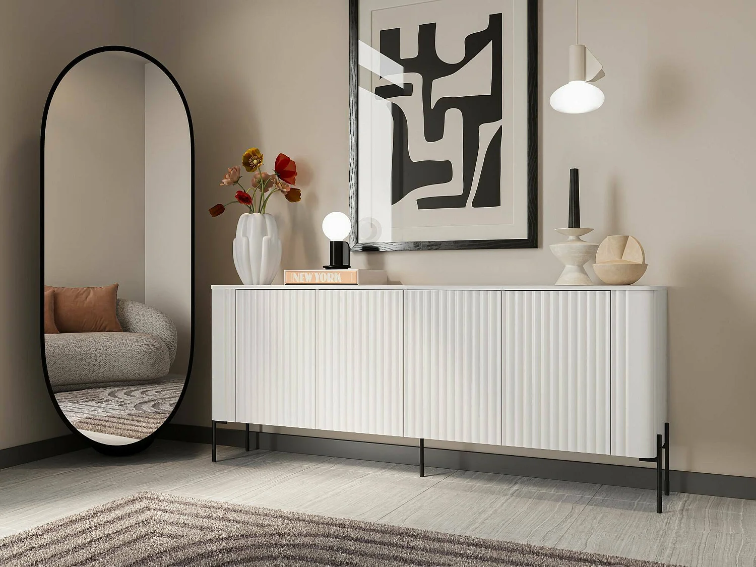 Dressoir Laion, 4 legplanken, 190x40x80h cm wit, buffetkast, 4 deuren, 8 vakken