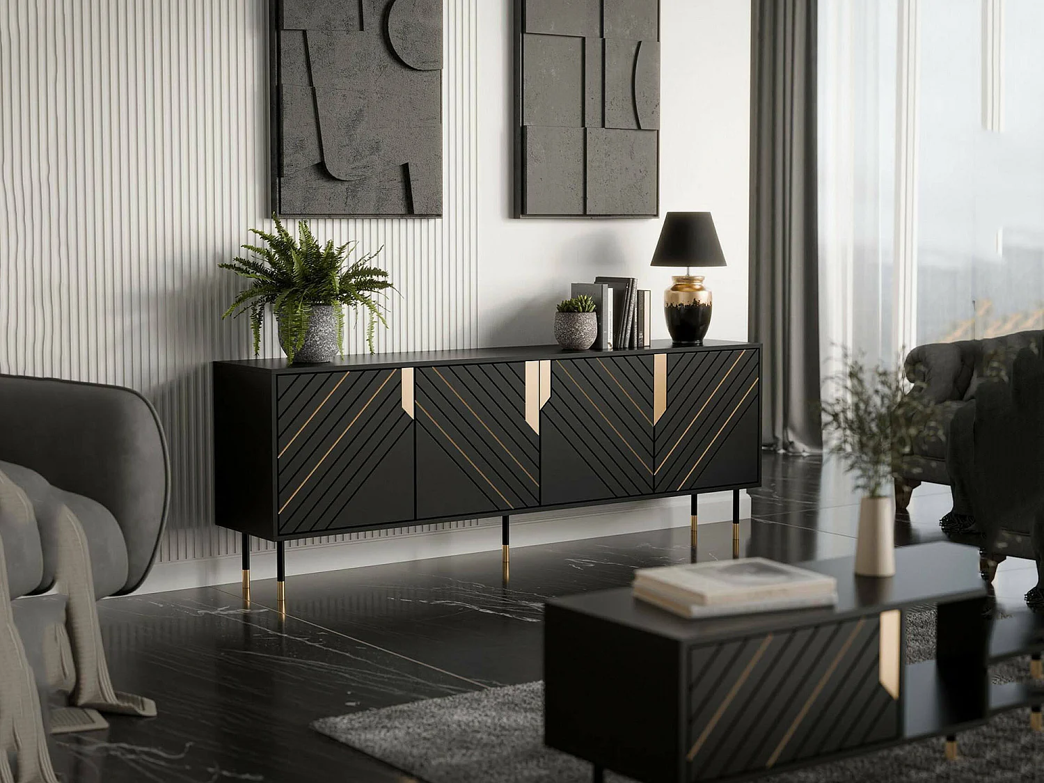 Buffet Lordelo, Tiroirs, 40x204x72h cm Noir, Bahut