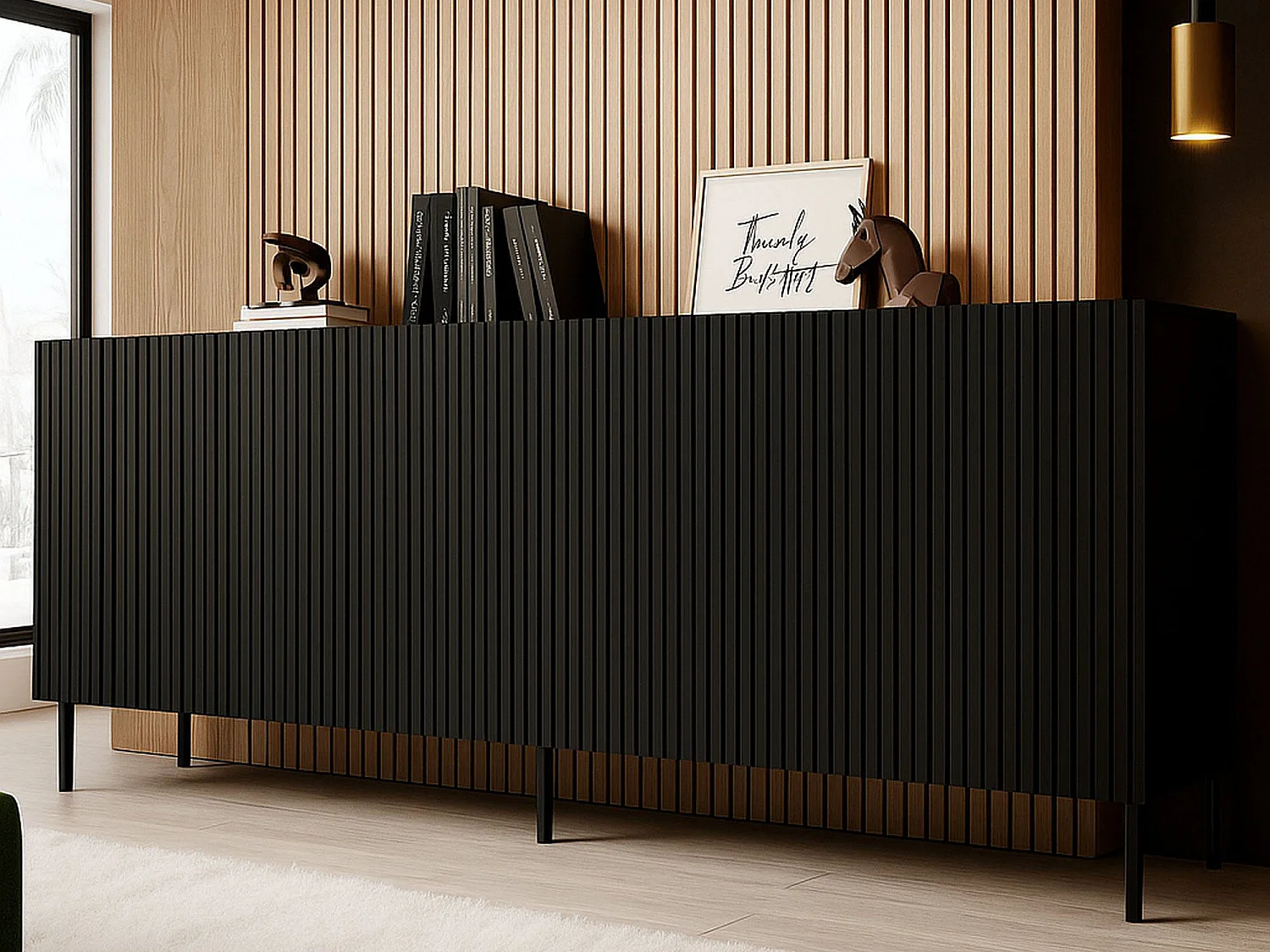 Buffet Cantanhede, 4 Étagères, 42x200x82h cm Noir, Enfilade