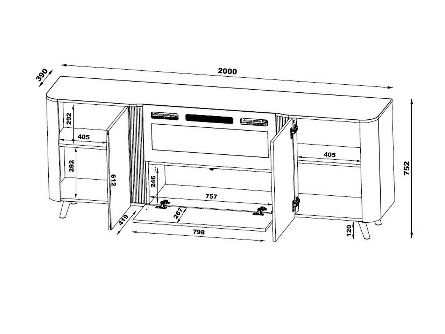 Dressoir Briano, 2 legplanken, 191x40x69h cm Beige, 3 deuren, 5 vakken