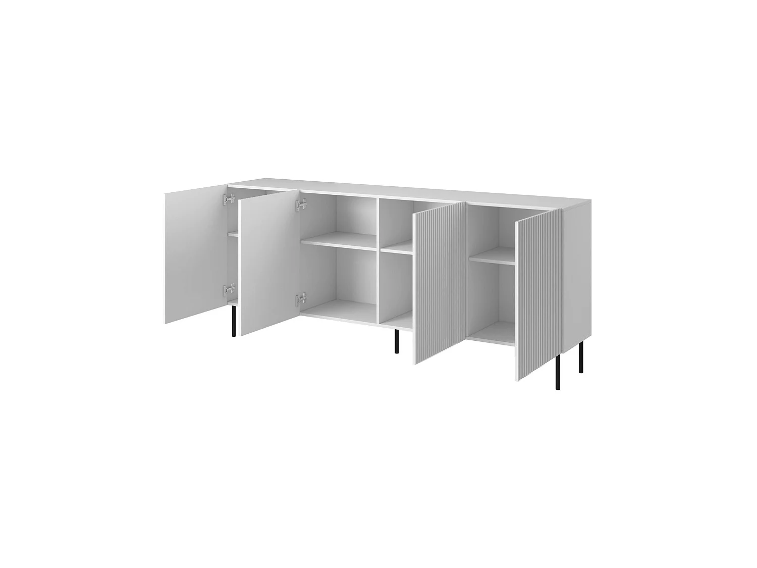 Dressoir Corana, 4 legplanken, 200x42x82h cm wit, buffetkast, 4 deuren, 8 vakken