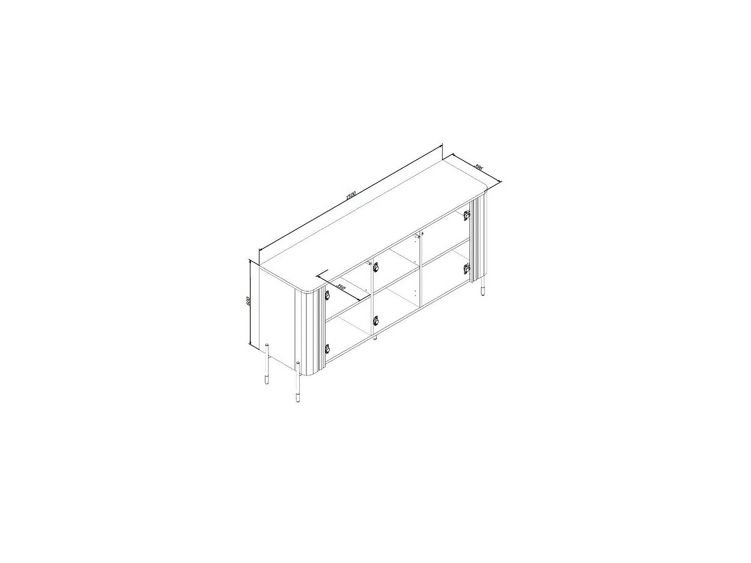 Dressoir Susegana, 3 planken, 150x40x80h cm wit, buffetkast, 3 deuren, 6 vakken