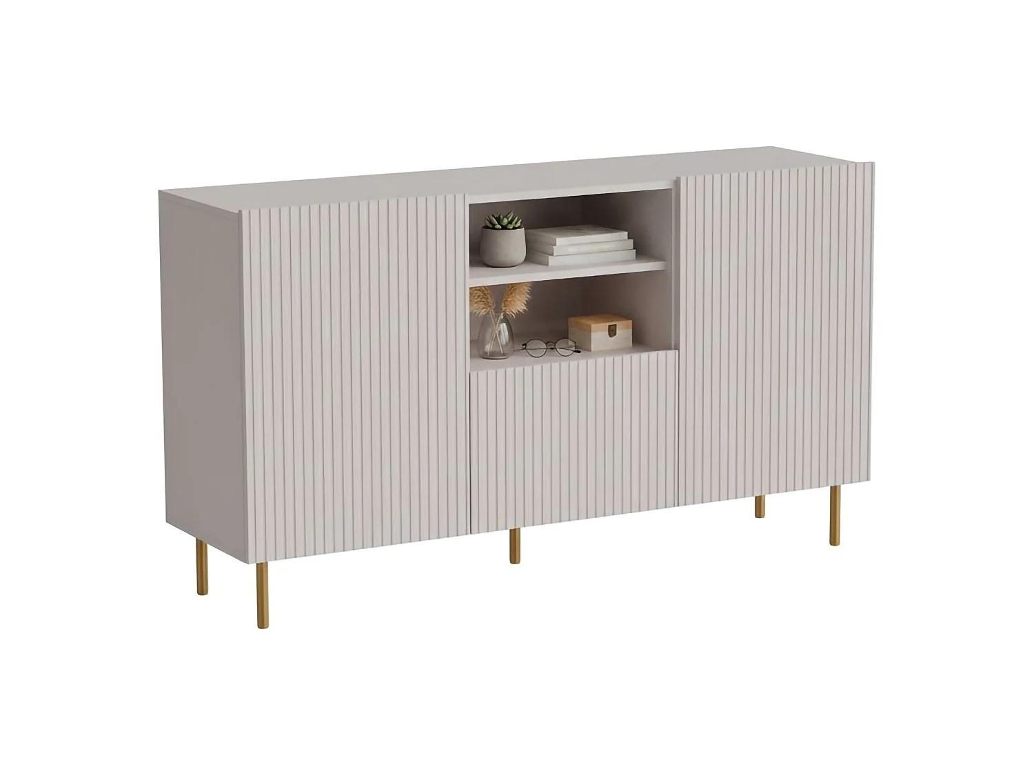 Dressoir, 4 planken, 150x42x82h cm beige, buffetkast, één lade, 2 deuren