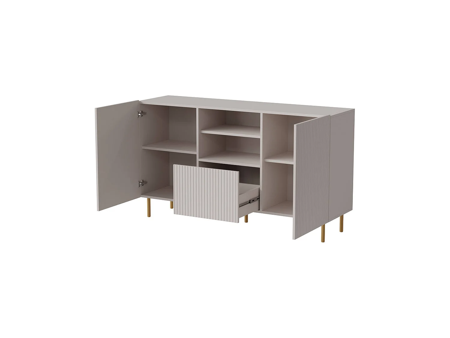 Dressoir, 4 planken, 150x42x82h cm beige, buffetkast, één lade, 2 deuren