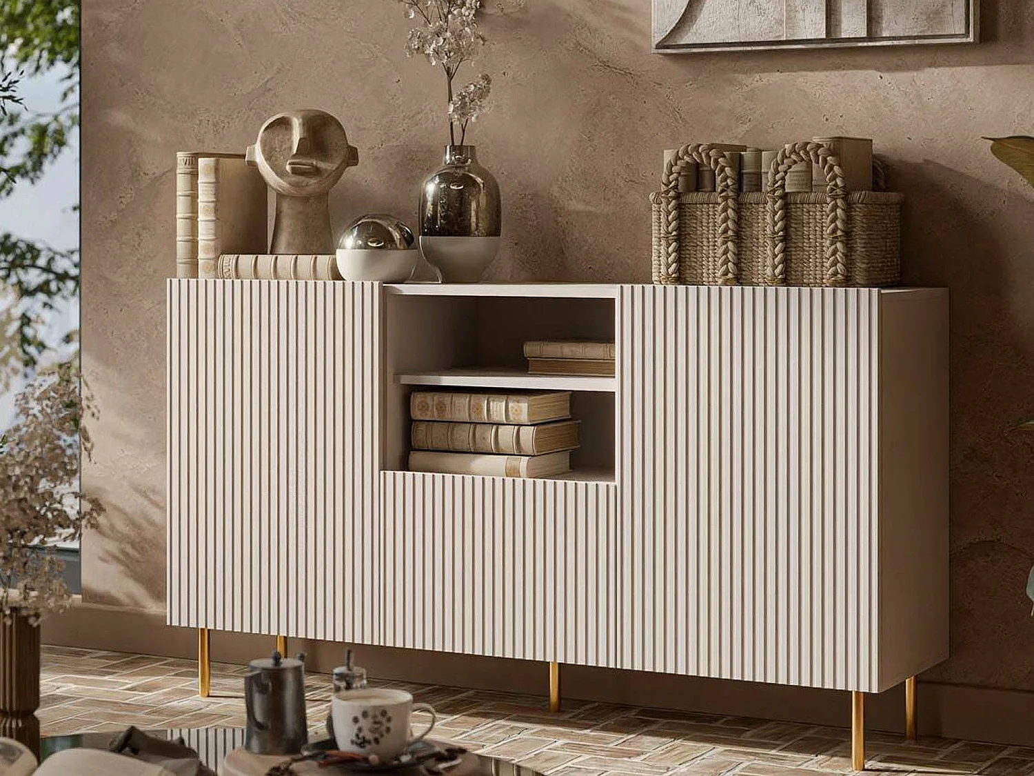 Dressoir, 4 planken, 150x42x82h cm beige, buffetkast, één lade, 2 deuren