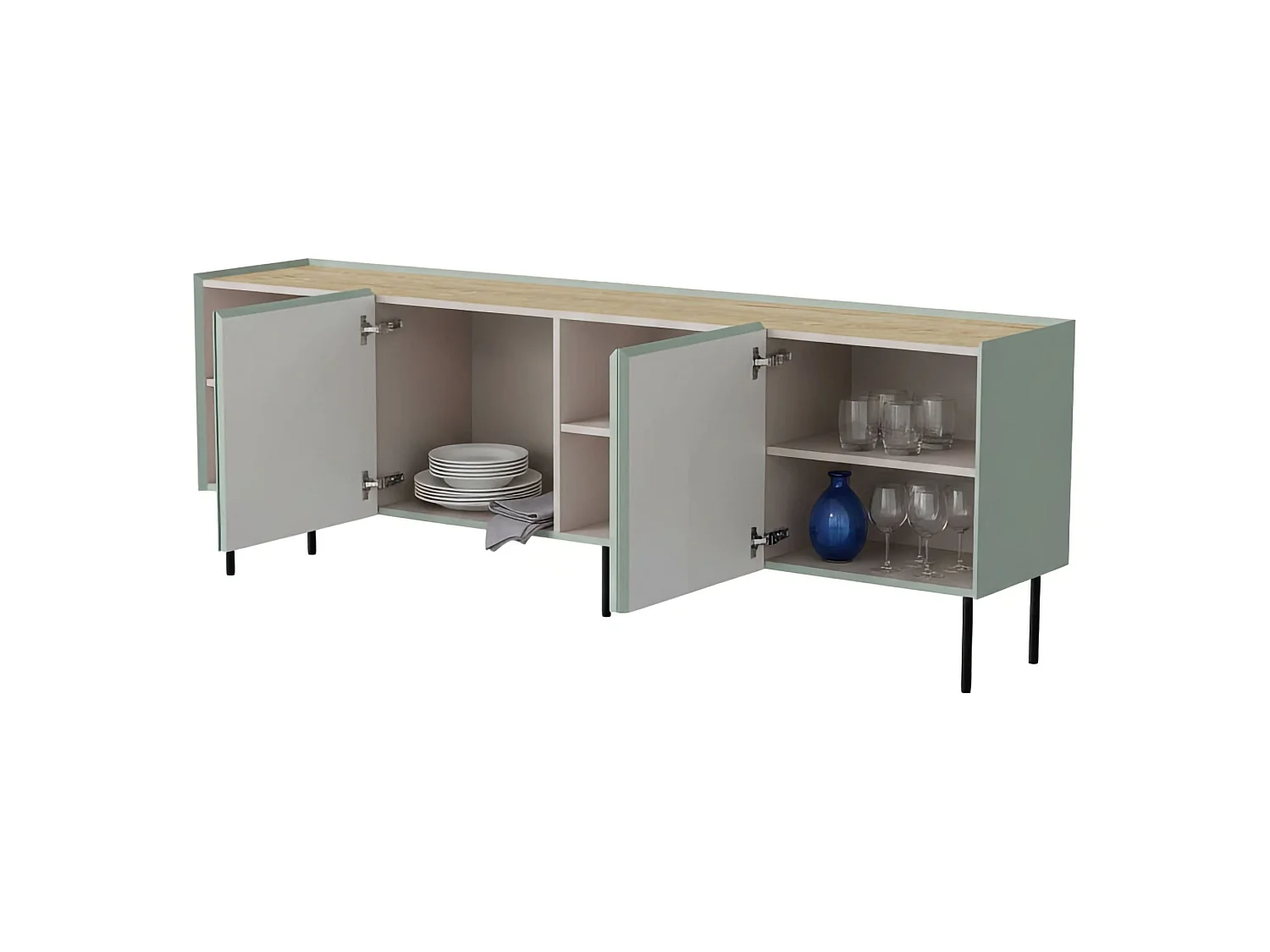 Dressoir Heilig, één legplank, 200x40x70h cm groen, 4 vakken, 4 deuren