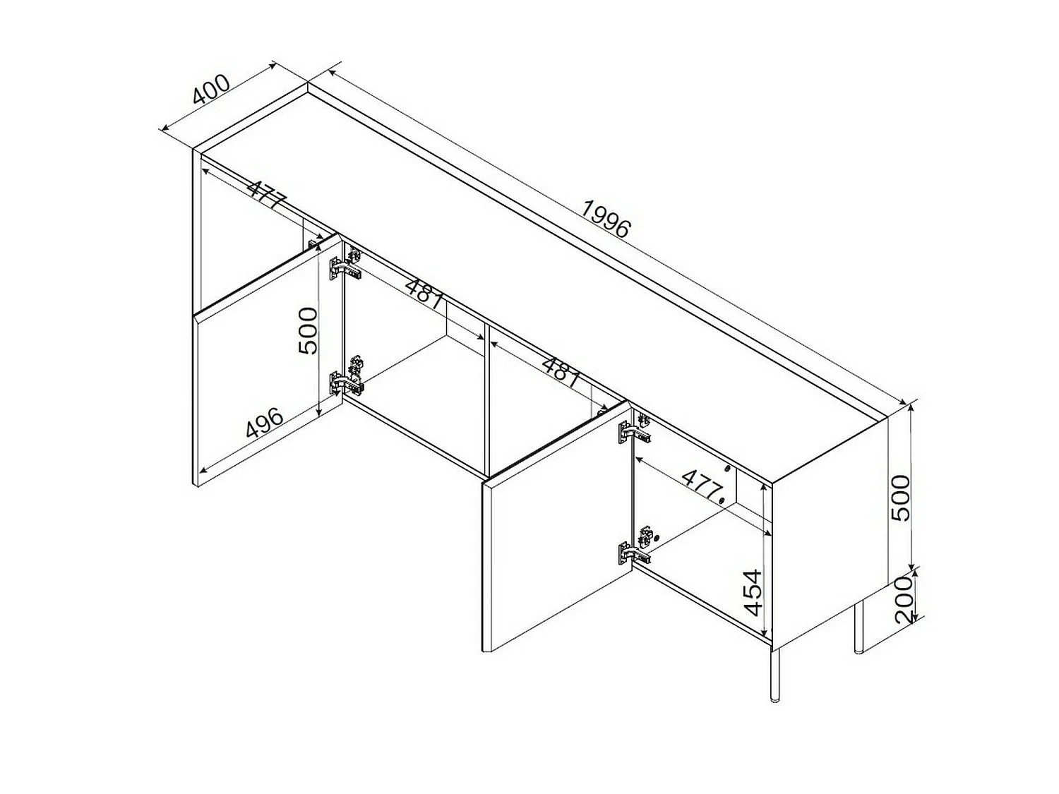 Dressoir Heilig, één legplank, 200x40x70h cm groen, 4 vakken, 4 deuren