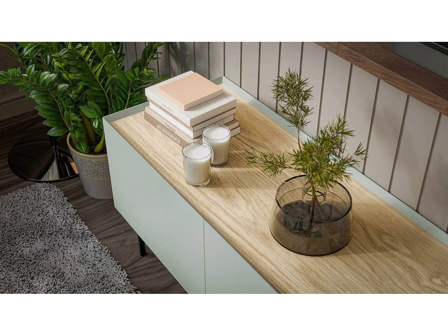 Dressoir Heilig, één legplank, 200x40x70h cm groen, 4 vakken, 4 deuren