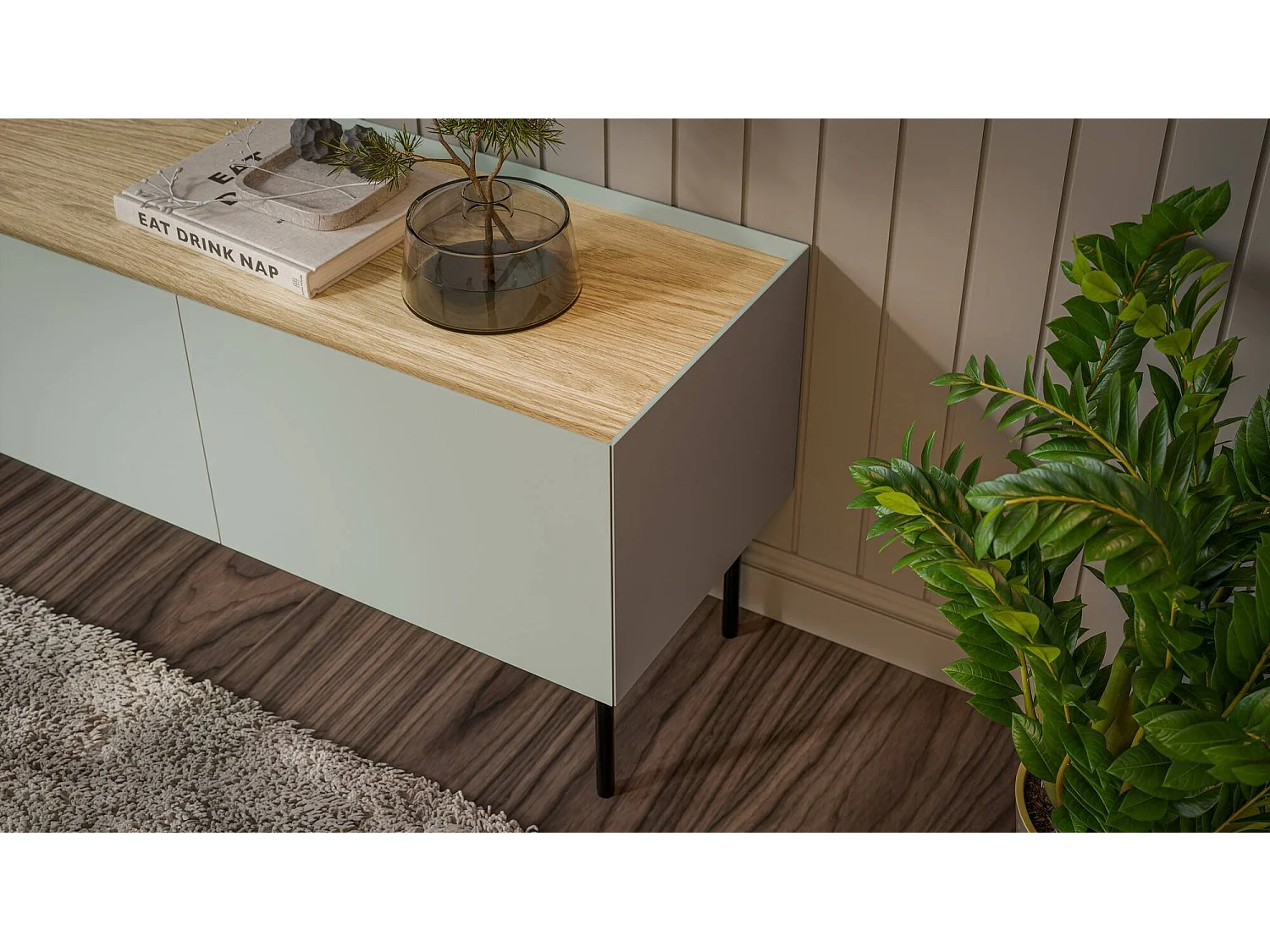 Dressoir Heilig, één legplank, 200x40x70h cm groen, 4 vakken, 4 deuren