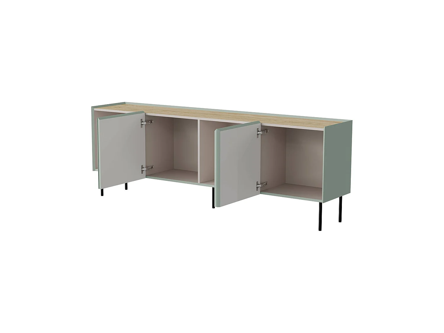 Dressoir Heilig, één legplank, 200x40x70h cm groen, 4 vakken, 4 deuren