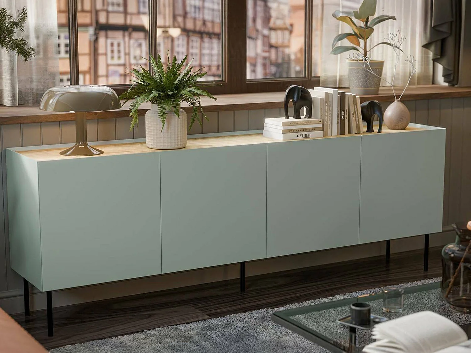 Dressoir Heilig, één legplank, 200x40x70h cm groen, 4 vakken, 4 deuren