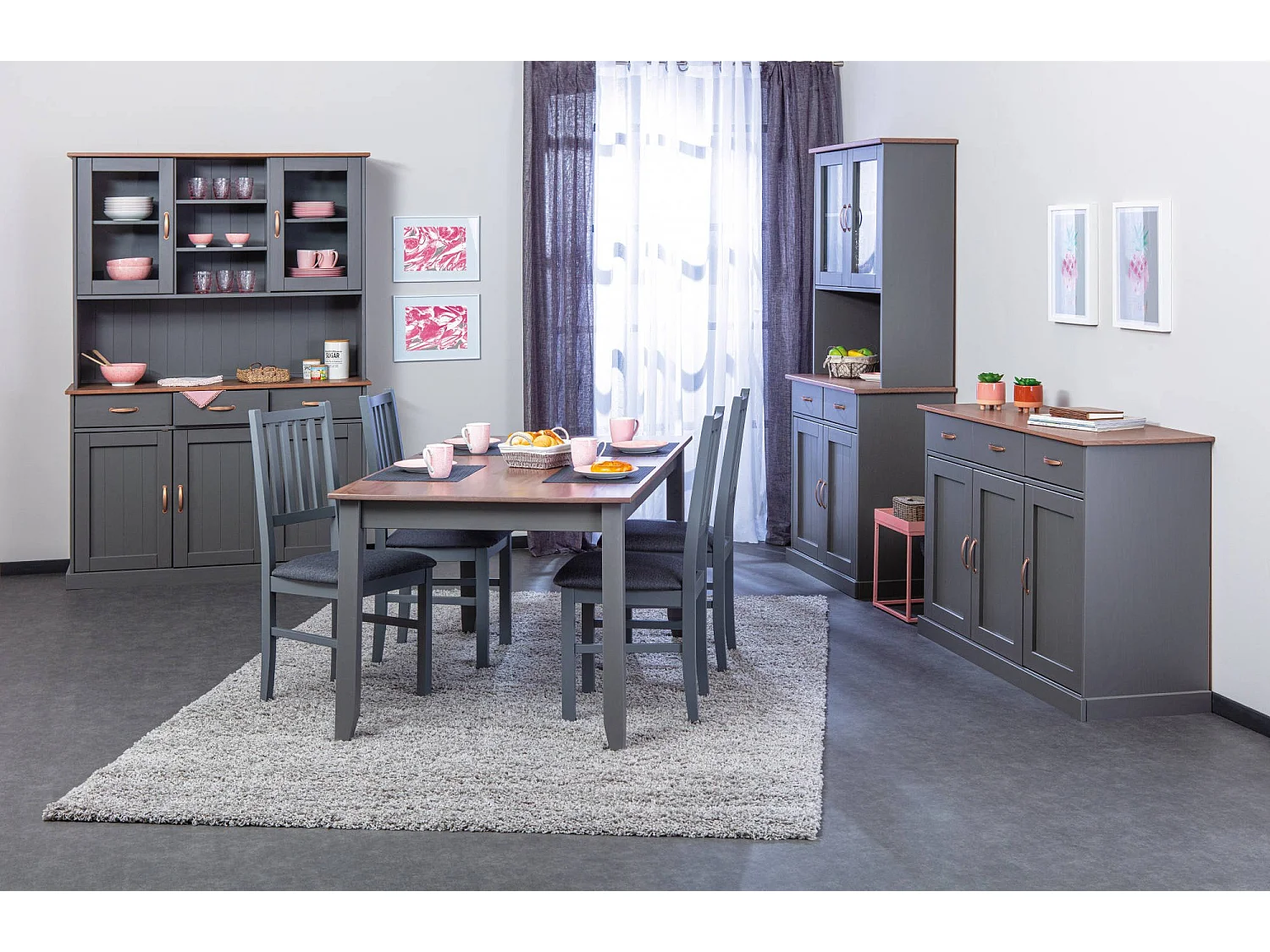 Credenza Silius, 3 Cassetti, 131x45x86h cm Grigio, Madia, 2 Ripiani, Apertura Battente