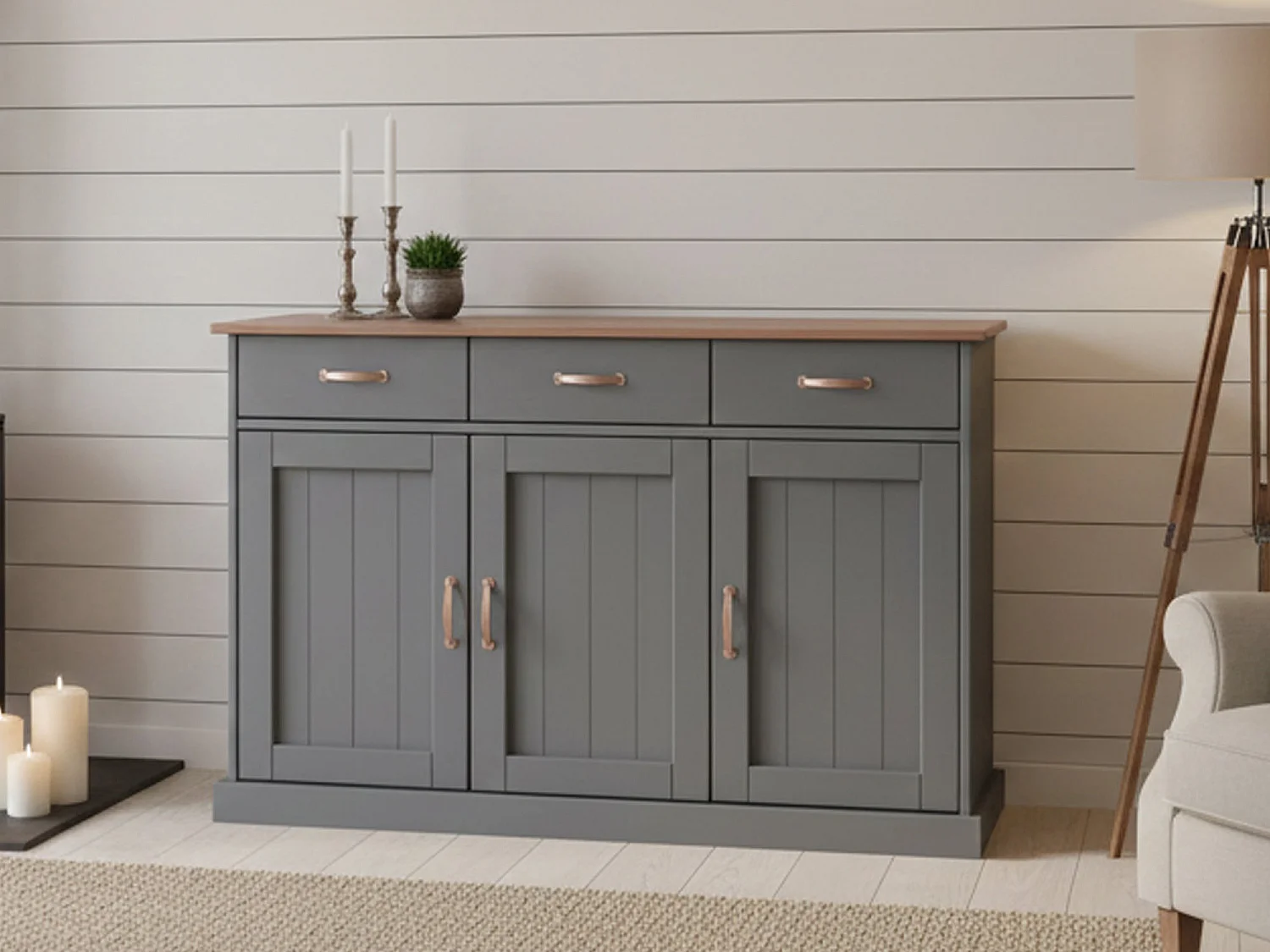 Credenza Silius, 3 Cassetti, 131x45x86h cm Grigio, Madia, 2 Ripiani, Apertura Battente