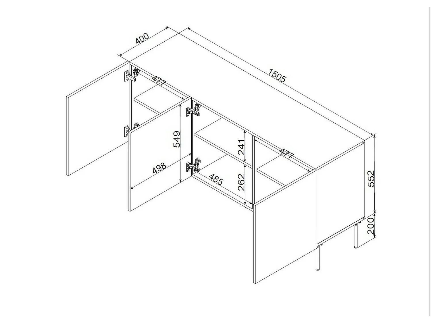 Buffet Amadora, 3 étagères, 40x151x75h cm Blanc, Enfilade