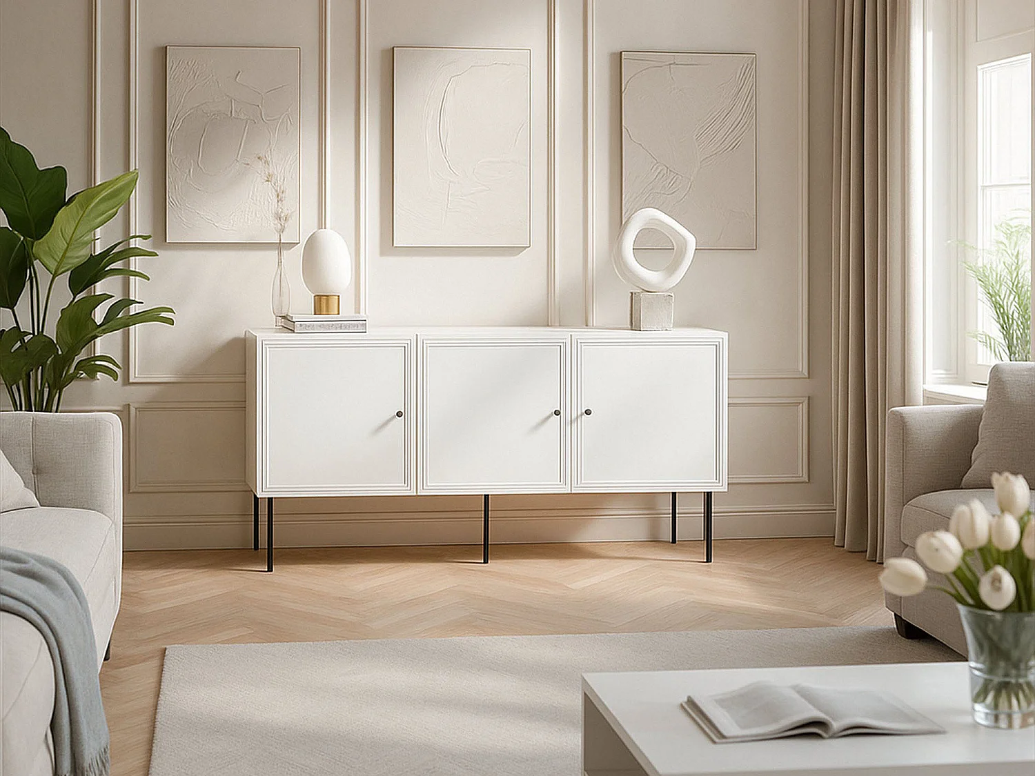 Buffet Amadora, 3 étagères, 40x151x75h cm Blanc, Enfilade