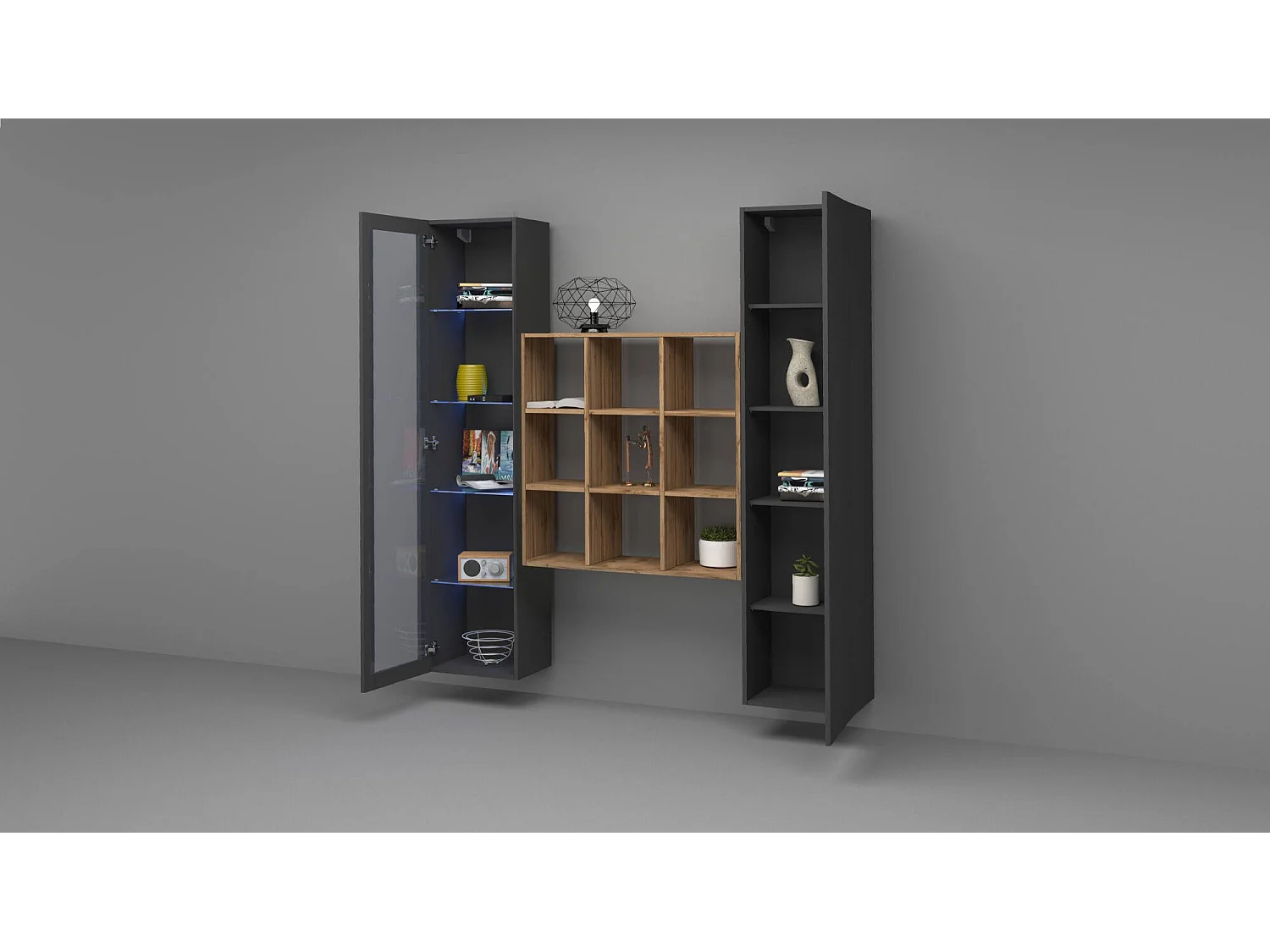 Buffet Firmino, 14 étagères Made in Italy, 30x40x180h cm Noir Anthracite, Bahut