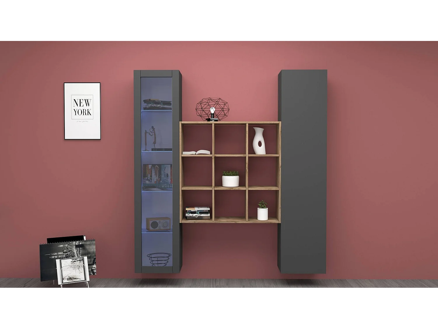 Buffet Firmino, 14 étagères Made in Italy, 30x40x180h cm Noir Anthracite, Bahut