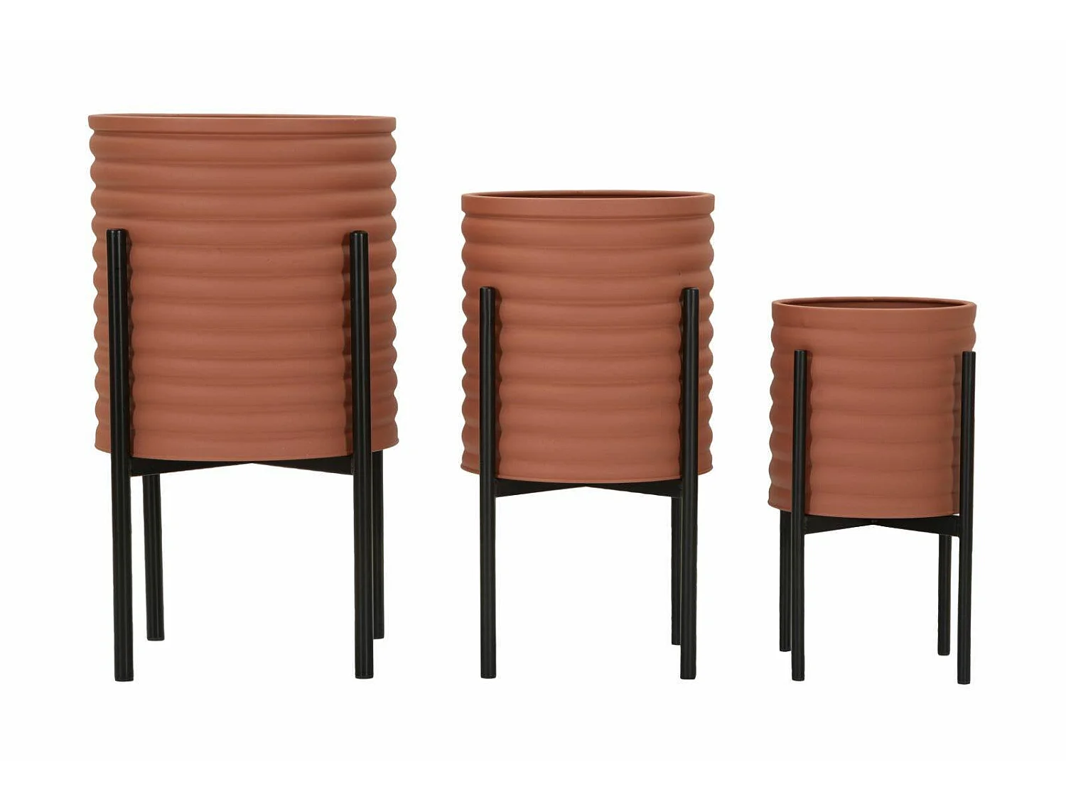 Dmora - Set mit 3 Vasenhaltern Cisterna, Dekorationszubehör, Dekoratives Artikel, Einrichtungszubehör, 36x36 h57 cm, Terrakotta und Schwarz