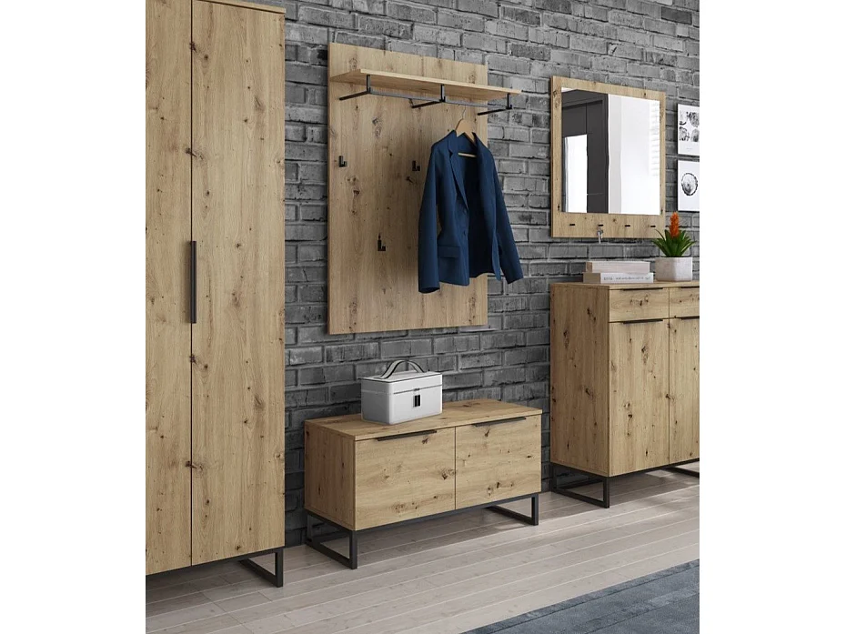 Coffre Sciara, Plateau Marron, 98x37x50h cm Chêne Noeuds Marron, Structure Noire, Finition Chêne Noeuds