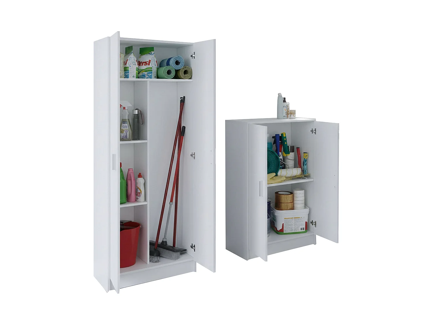 Ensemble mobilier pour buanderie Ornago, 4 étagères, blanc, rangement, 7 compartiments, ouverture battante
