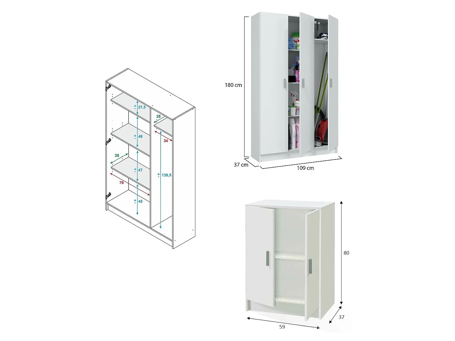 Ensemble Mobilier Buanderie Fenis, 6 Étagères, Blanc, Ensemble Rangement, 8 Compartiments, Ouverture Battante