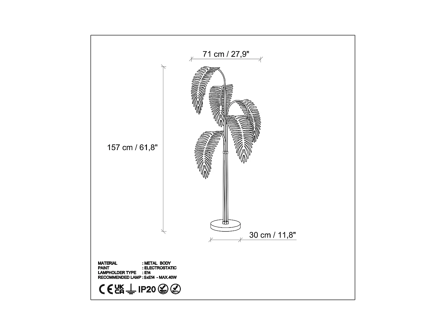 Lampe de Sol Tifernina, Douille E14 max 40W, or, Abat-jour, Interrupteur Connexion Directe