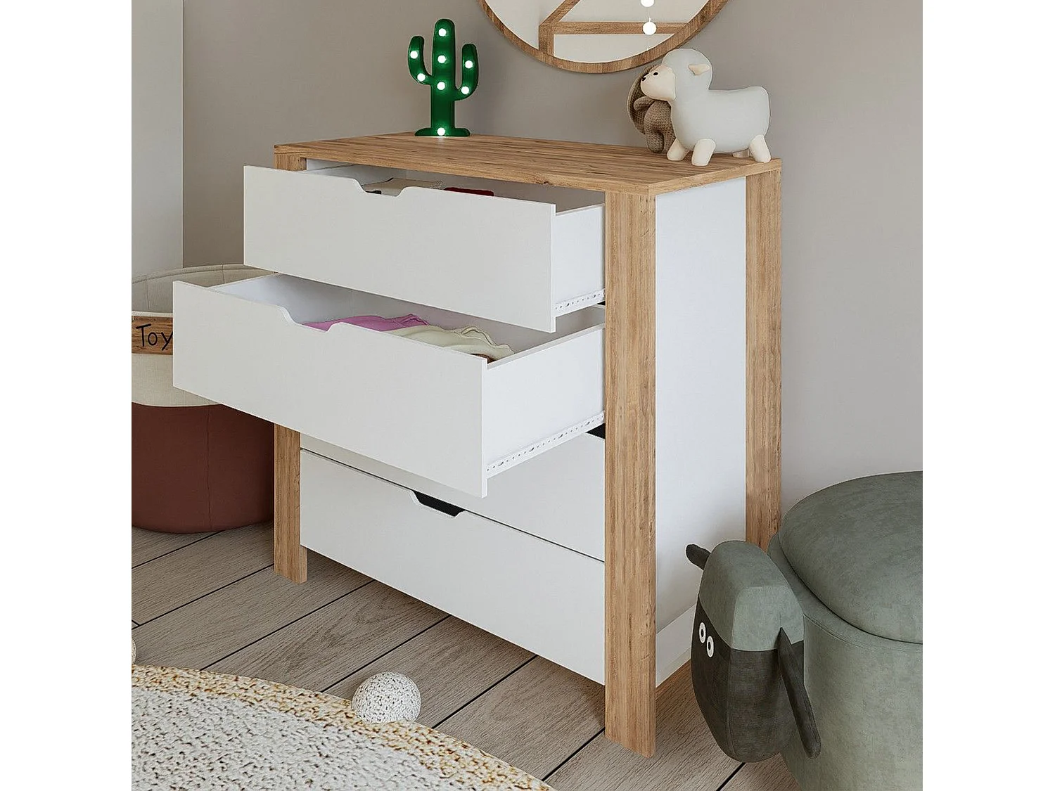 Cassettiera Pastena, 4 Cassetti, 90x42x85h cm Marrone Rovere, Apertura Scorrevole, Chiusura Scorrevole