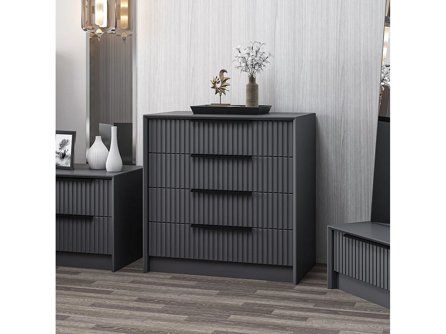 Cassettiera Jebi, 4 Cassetti, 45x72x77h cm Nero Antracite, Apertura Scorrevole, Chiusura Scorrevole