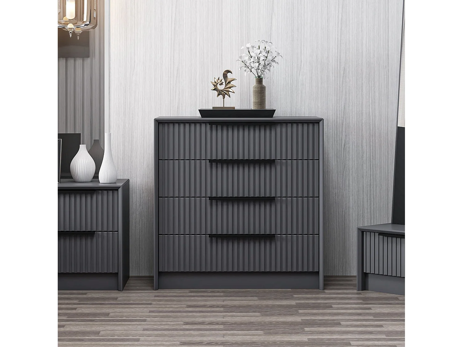 Cassettiera Jebi, 4 Cassetti, 45x72x77h cm Nero Antracite, Apertura Scorrevole, Chiusura Scorrevole