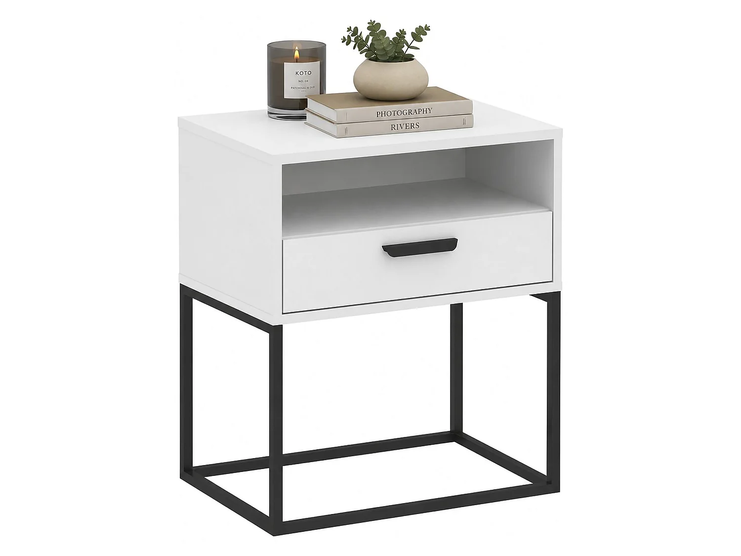 Comodino Leha, un Ripiano, 60x39x65h cm Bianco, un Cassetto, Apertura Scorrevole