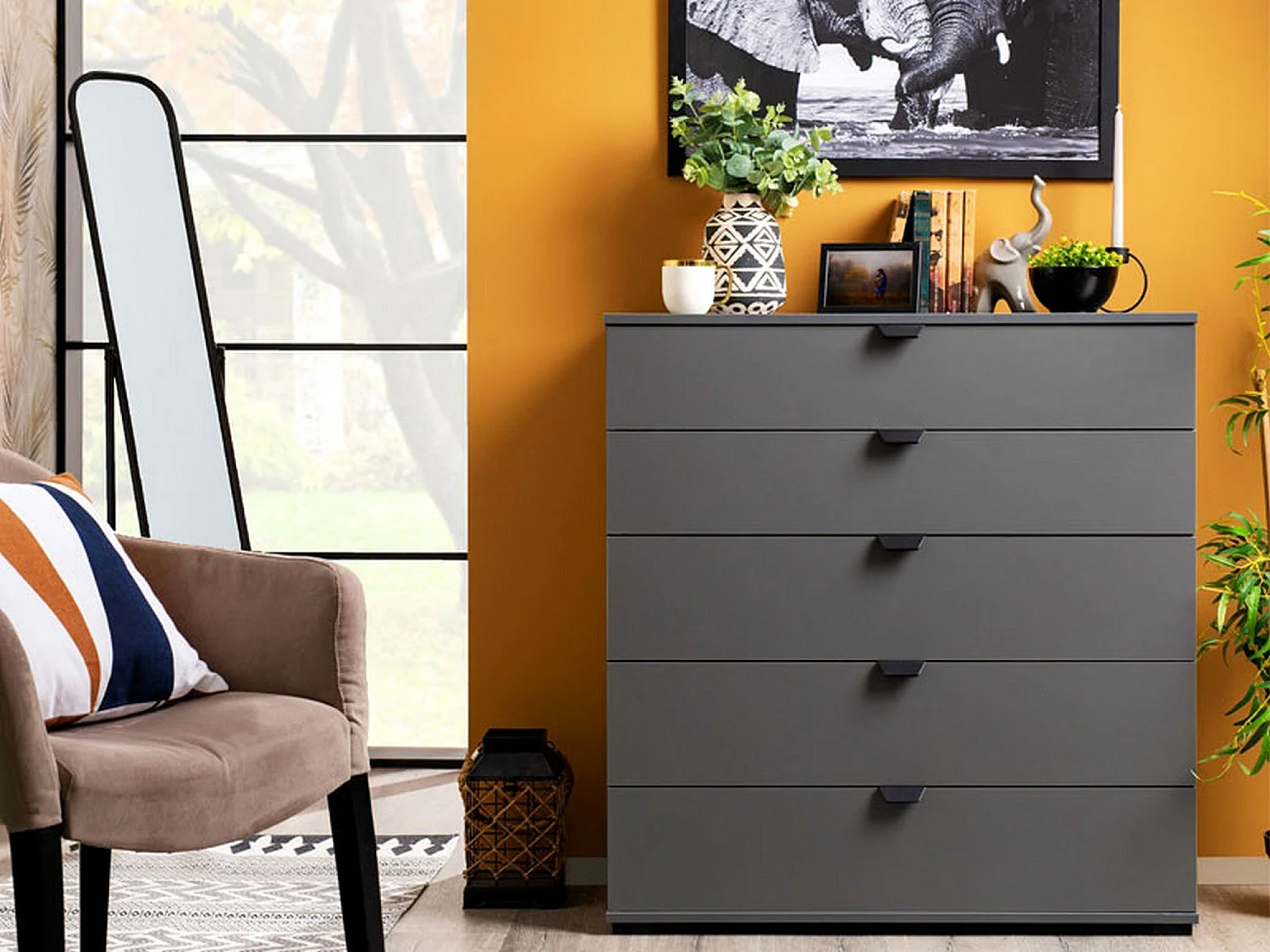 Cassettiera Mainarda, 5 Cassetti, 90x40x95h cm Nero Antracite, Apertura Scorrevole, Chiusura Scorrevole