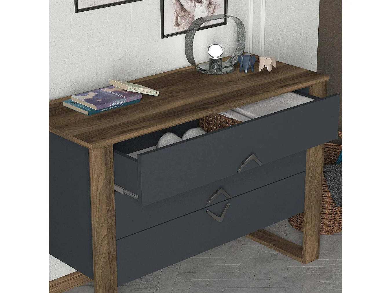 Cassettiera Jova, 3 Cassetti, 110x45x76h cm Marrone Noce, Apertura Scorrevole, Chiusura Scorrevole
