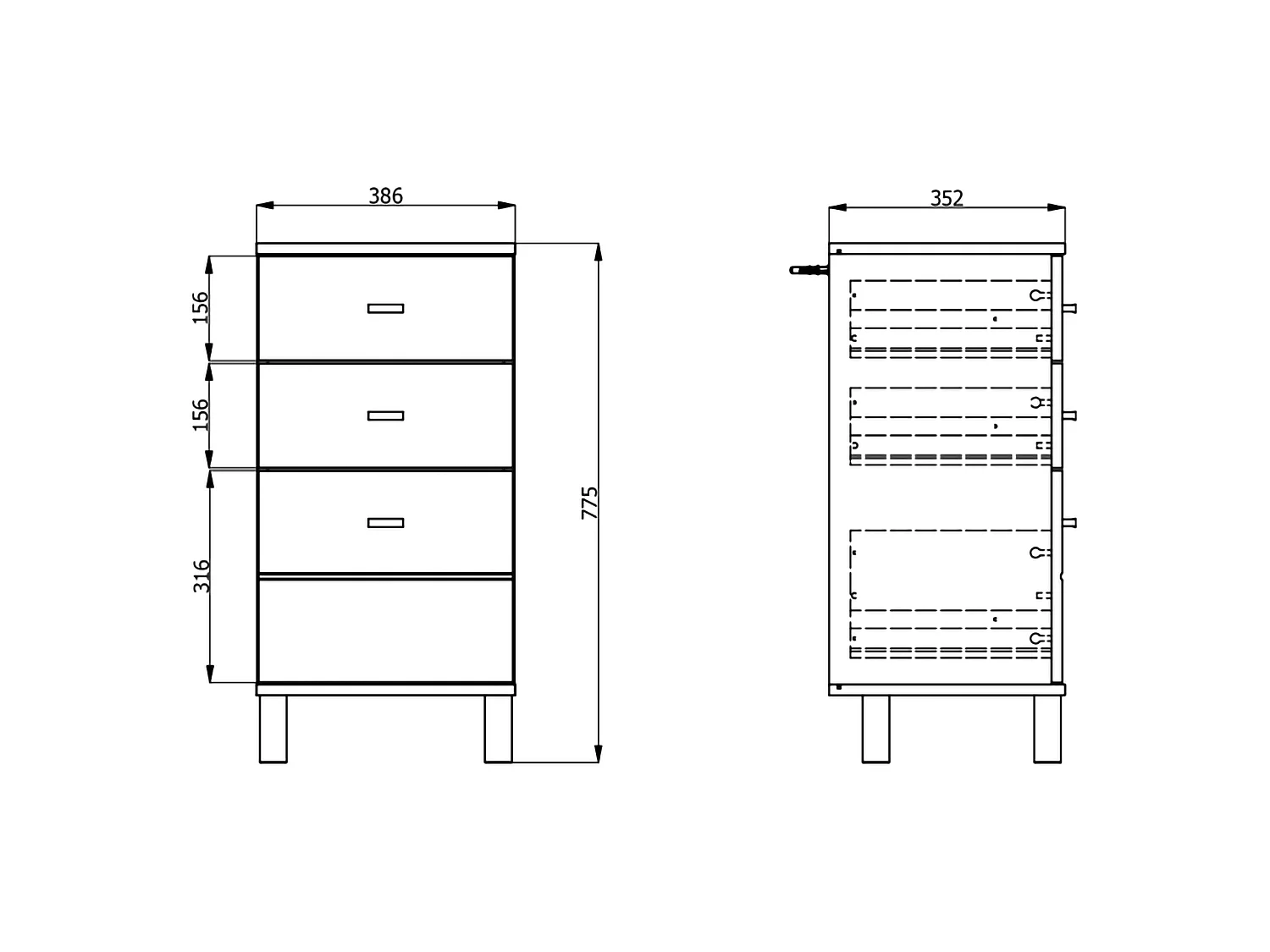 Cassettiera Vilcab, 3 Cassetti, 39x35x78h cm Bianco, con Piedini, Apertura Scorrevole