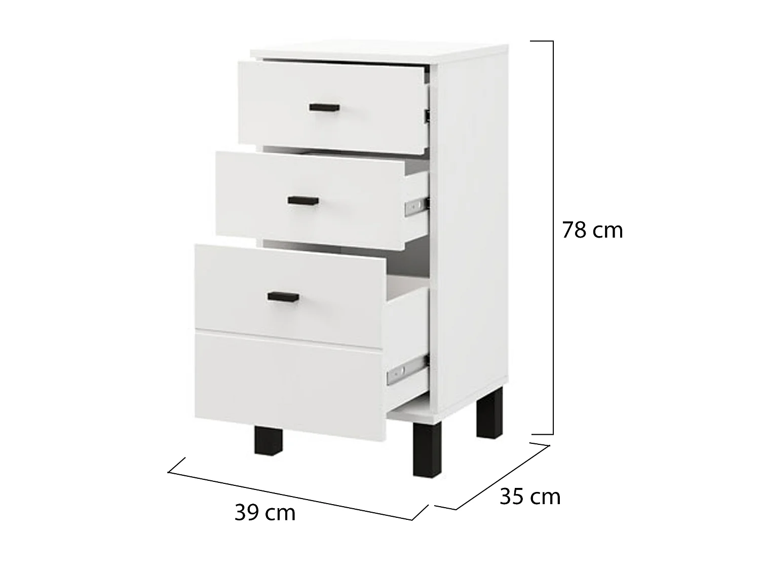 Cassettiera Vilcab, 3 Cassetti, 39x35x78h cm Bianco, con Piedini, Apertura Scorrevole