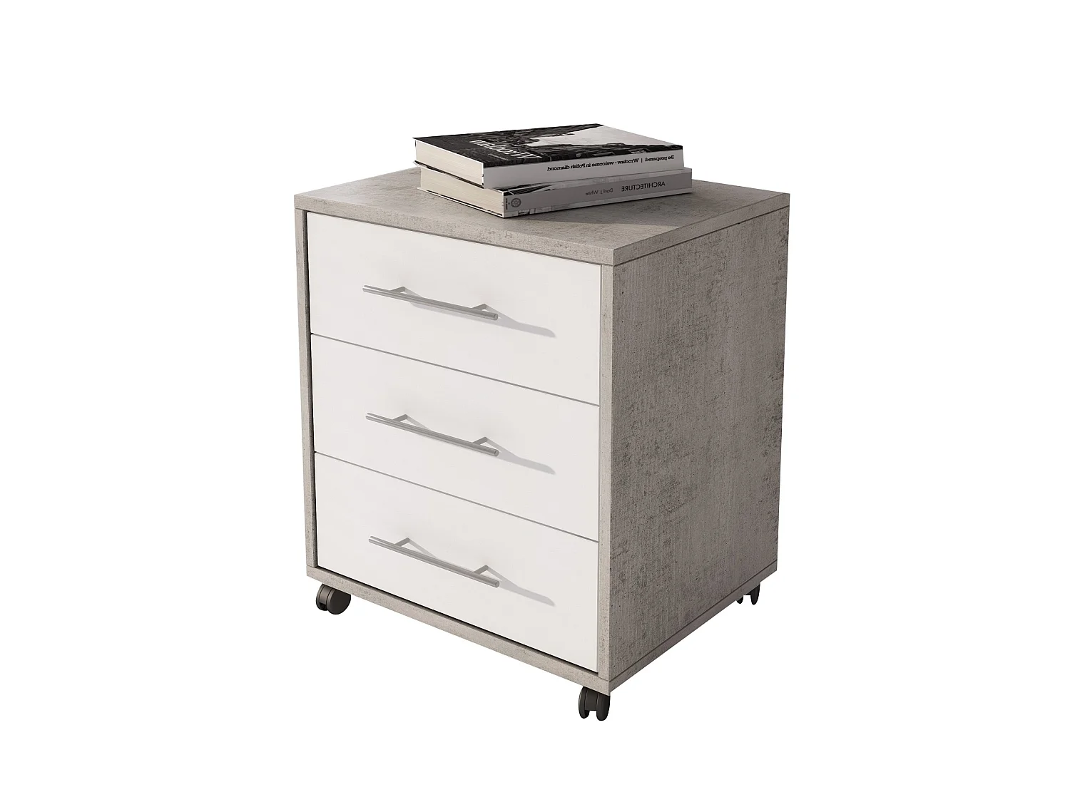 Commode Pisano, 3 tiroirs, 43x40x57h cm gris béton, ouverture coulissante, fermeture coulissante