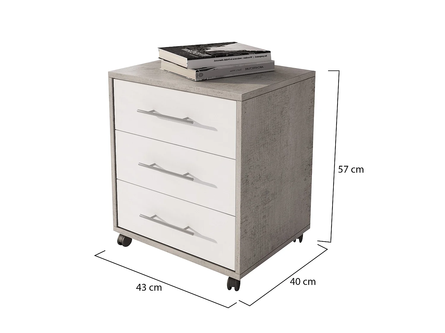 Commode Pisano, 3 tiroirs, 43x40x57h cm gris béton, ouverture coulissante, fermeture coulissante