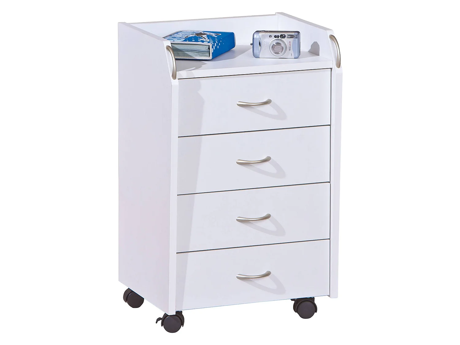Cassettiera Manco, 4 Cassetti, 40x36x65h cm Bianco, con Ruote, Apertura Scorrevole