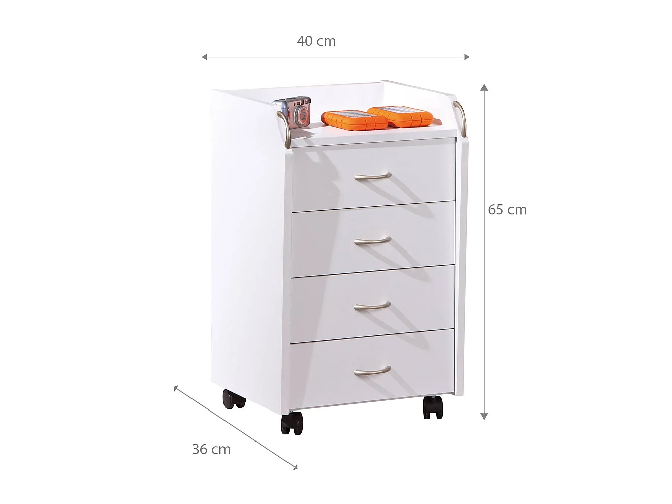 Cassettiera Manco, 4 Cassetti, 40x36x65h cm Bianco, con Ruote, Apertura Scorrevole
