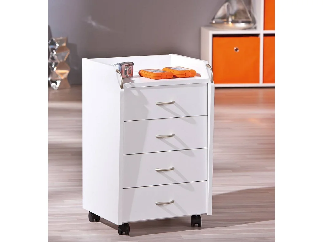 Cassettiera Manco, 4 Cassetti, 40x36x65h cm Bianco, con Ruote, Apertura Scorrevole