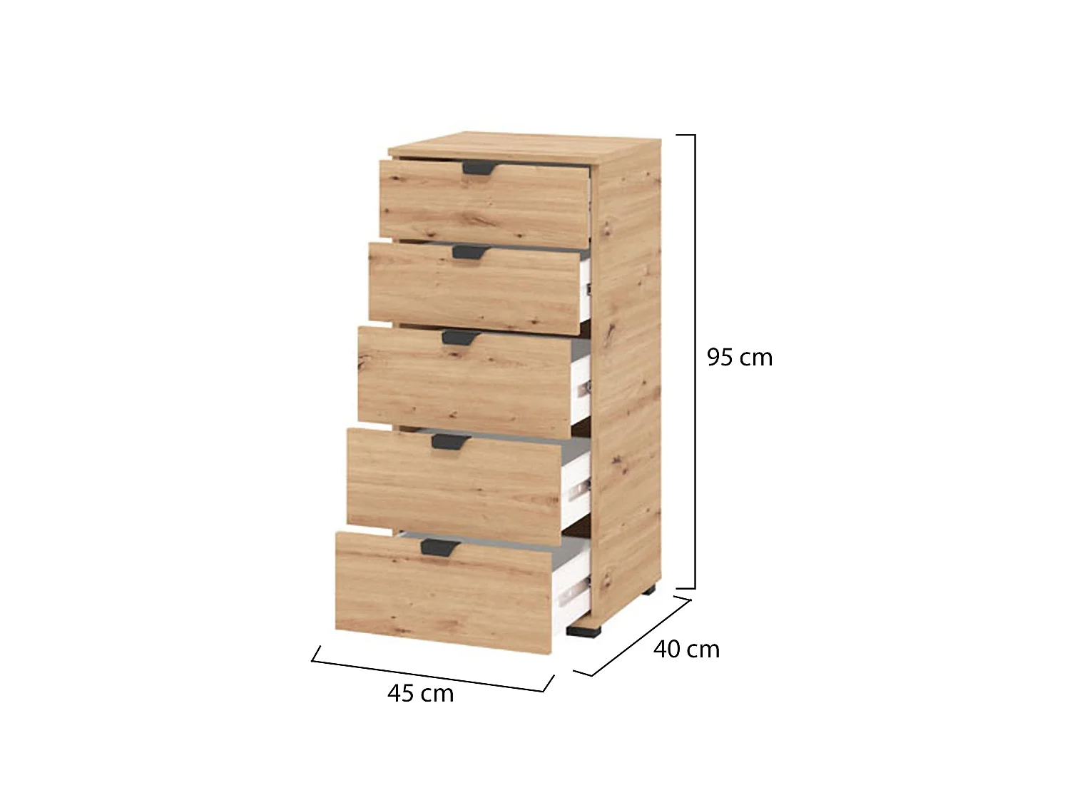 Cassettiera Mainarda, 5 Cassetti, 45x40x95h cm Marrone Rovere Nodi, Apertura Scorrevole, Chiusura Scorrevole