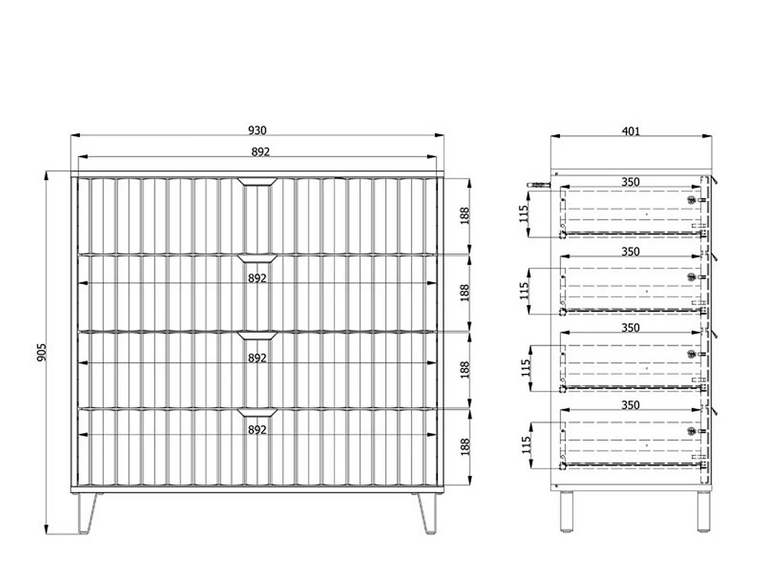 Cassettiera Maggiora, 4 Cassetti, 93x40x90h cm Bianco, Apertura Scorrevole, Chiusura Scorrevole