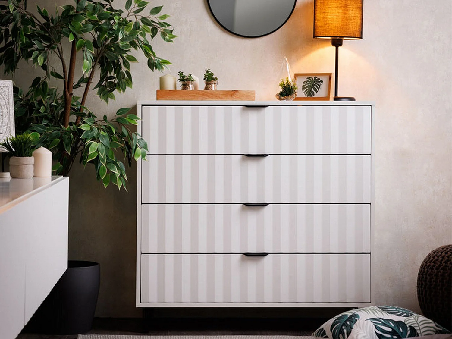 Cassettiera Maggiora, 4 Cassetti, 93x40x90h cm Bianco, Apertura Scorrevole, Chiusura Scorrevole